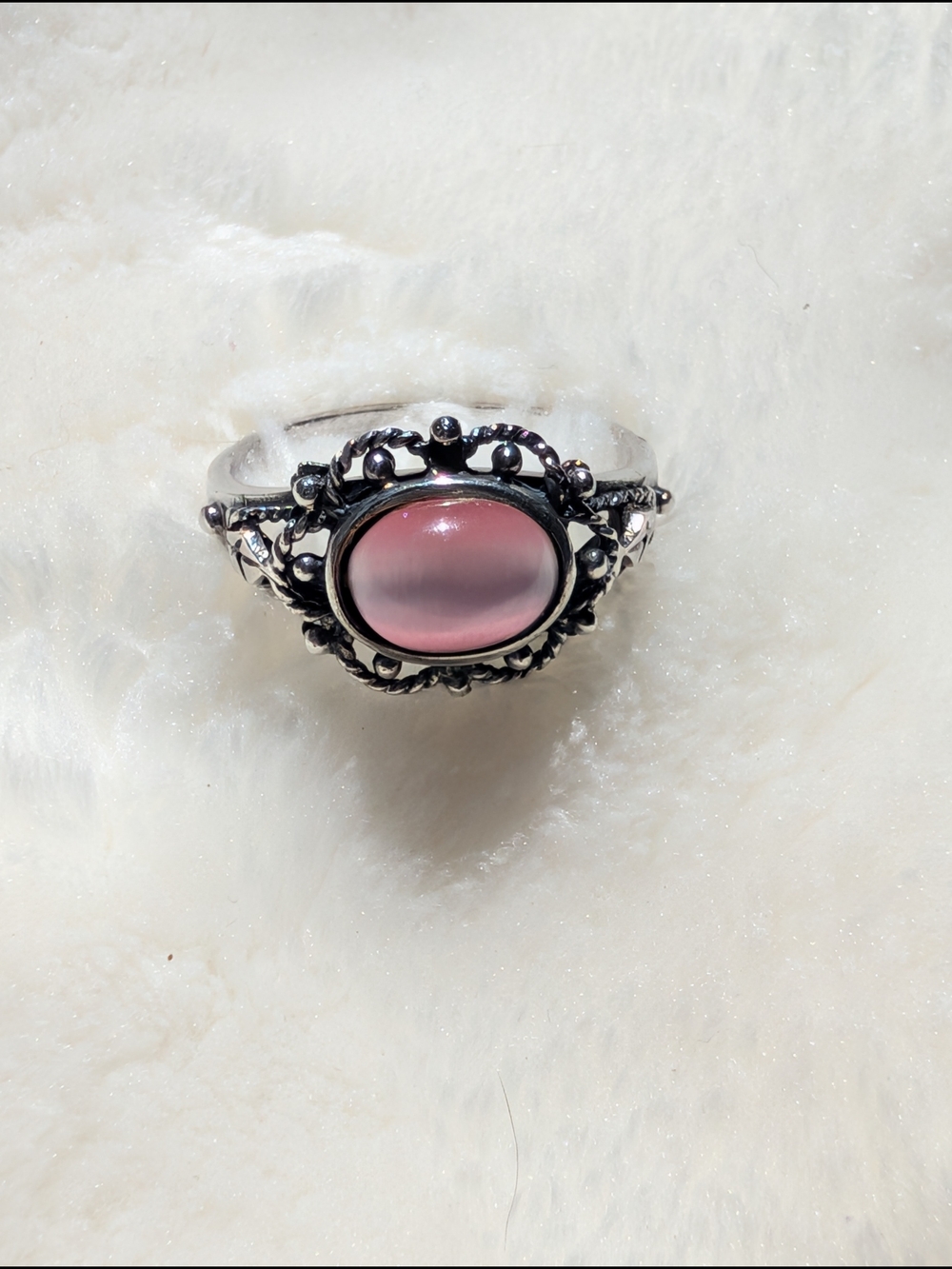 Sterling Silver Pink Cabochon Filigree Ring